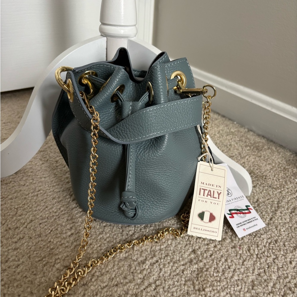 Elegant Blue Gray Leather Bucket Bag